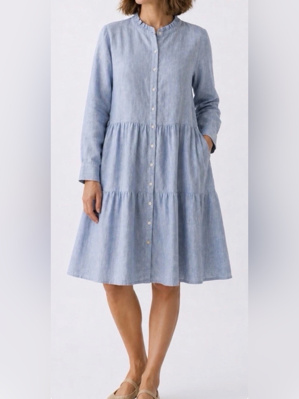 Alice Walk Light Blue Linen Long Sleeve Tiered Button Front Dress NWT